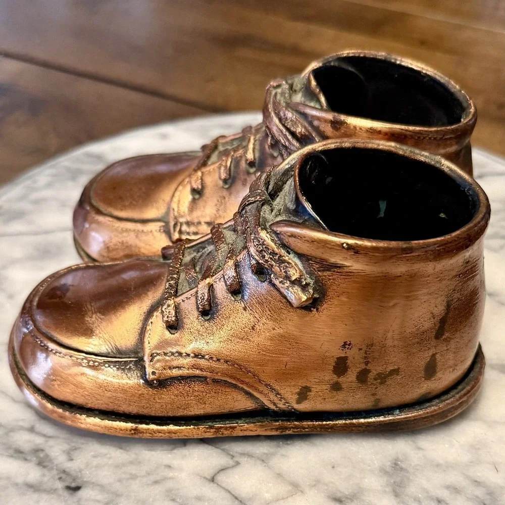 2 Pair VTG 50s MCM Bronze Coated Leather Copper Baby Toddler Shoes Laces